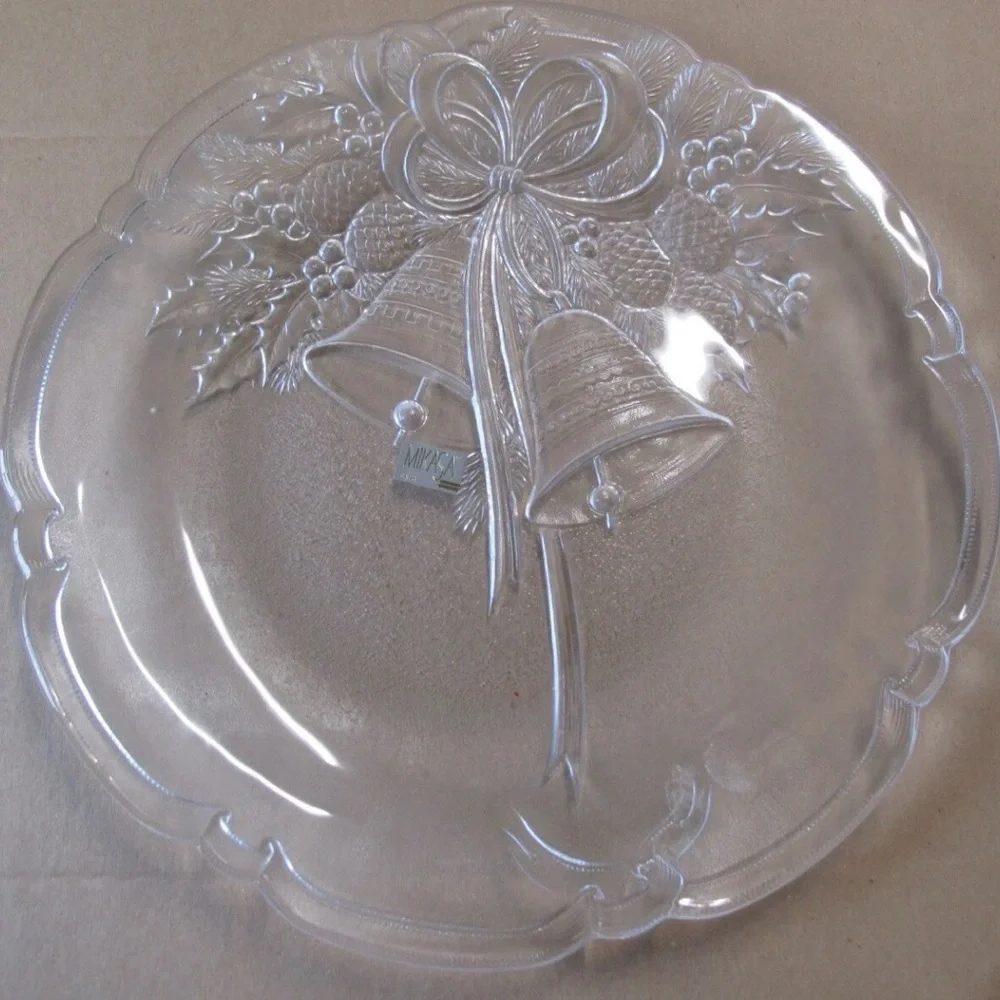 Mikasa Crystal Holiday Bells Christmas themed CANDY platter 14.75